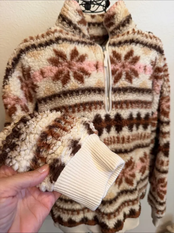 Aerie 🐏🐏🐏BOGOHO🐏🐏🐏 Cozy Cream and Brown Sherpa Quarter-Zip Sweater -Large - Image 5
