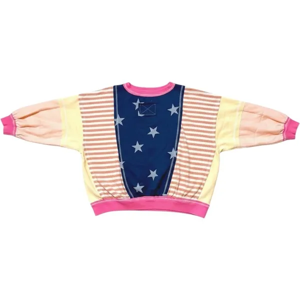 BIBI‎ Patchwork Pullover Sweatshirt Blue Pink Stars Stripes Boho Womens Large - Image 5