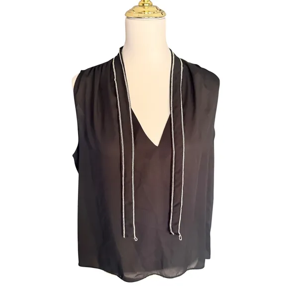 ZARA Black Sleeveless V-Neck Blouse with‎ Silver Chain Trim Ties XL - Image 3