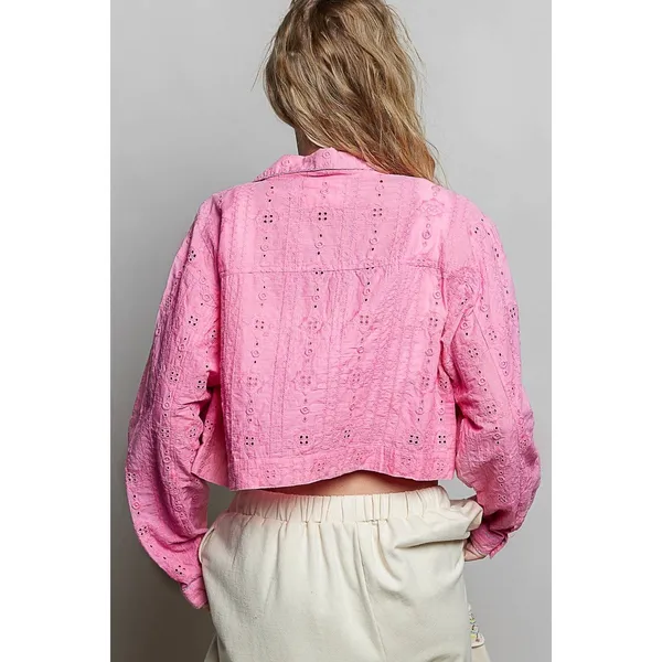 POL Eyelet Textured Cotton‎ Cropped Button-Front Jacket - Candy Pink - Large - Image 3