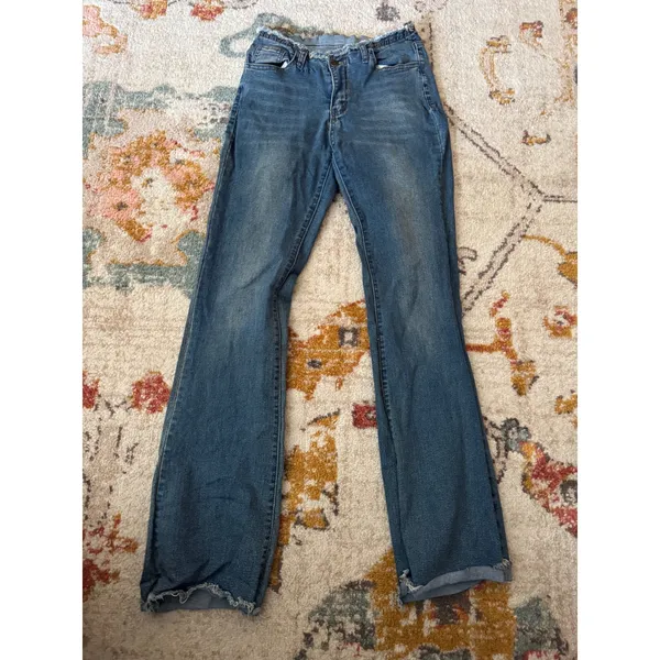 Womens Medium Wash Raw Hem Flare Jeans Frayed Waistband Denim Trousers - Image 2