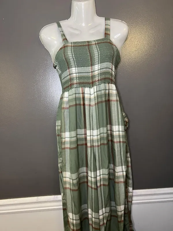 American Eagle Outfitters Jumpsuit Womens Small Green Plaid Smocked Pockets - Image 2