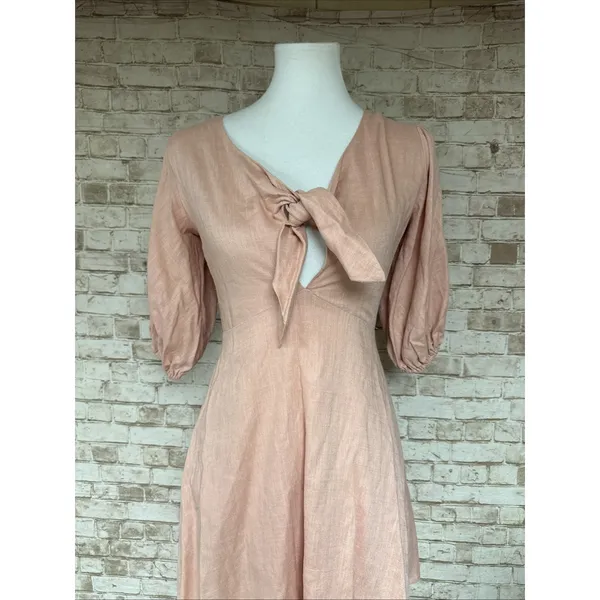 In The Beginning Size S Dress Blush Pink 3/4 Puff Sleeves‎ Tie Front Linen Short - Image 2