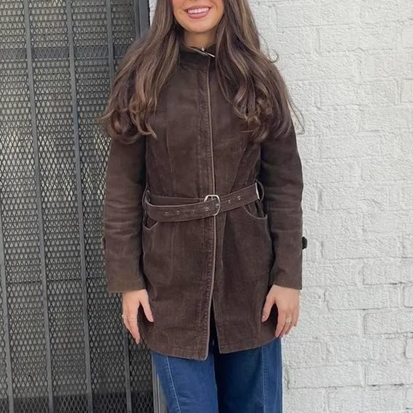 Vintage retro Brown corduroy trench coat belted jacket sz s - Image 5