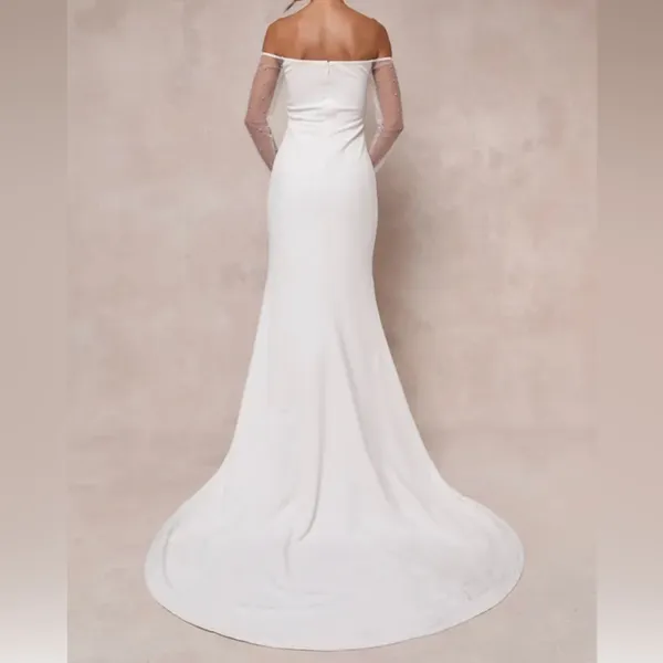 Lulus White Off the Shoulder Wedding Dress with Sheer Sleeves, X-Large - Image 3