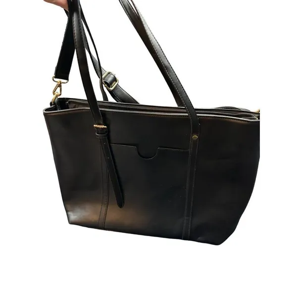 Women's Black Faux Leather Tote Bag With Multiple Compartments & Adjustable Stra - Image 2
