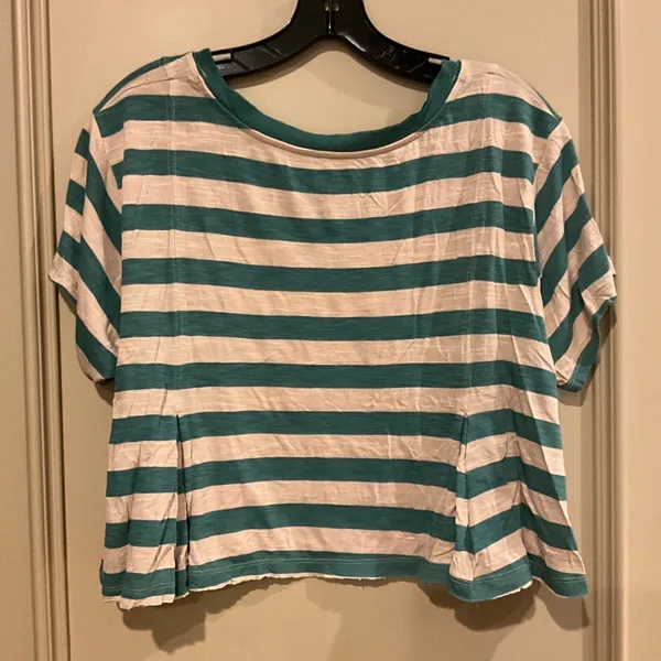 We the Free People Green Tan Striped Cropped Swing Top Tee Crewneck Size Medium - Image 6