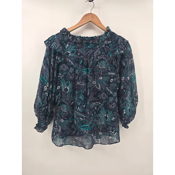 Anthropologie Blouse Womens‎ XS Floral Paisley Navy Blue Lace-Up Ruffle Blouse - Image 4