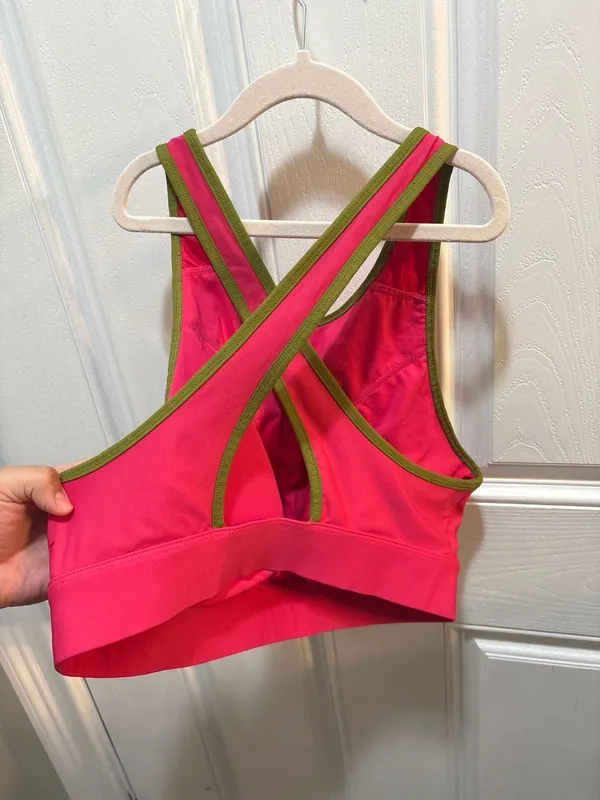 Fabletics High Neck Criss-Cross Sports Bra Pink with Green Trim - Image 3