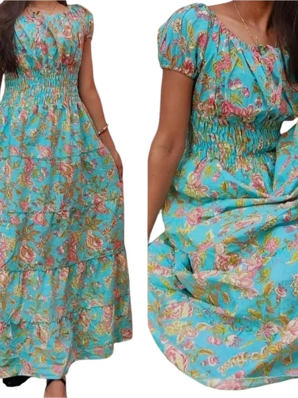 Women’s Floral Puff Sleeve Smocked Peasant Dress Midi Cottagecore Milkmaid - Image 2