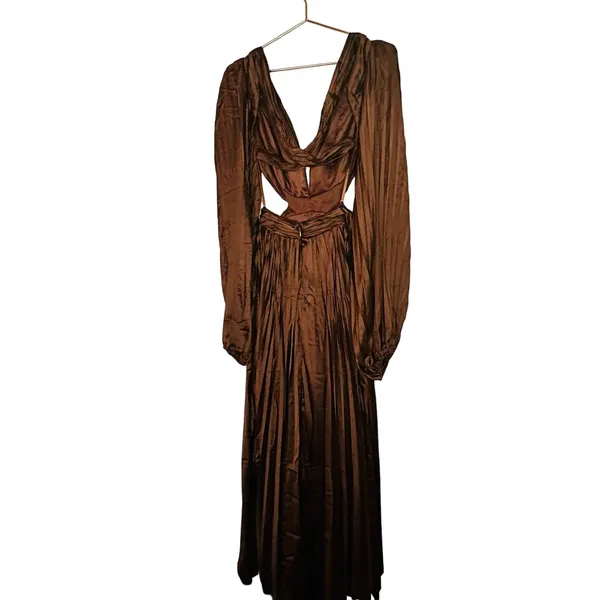 Ieena for Mac Duggal Brown Long Sleeve Pleated Full Skirt Cut Out Sides Gown 6 - Image 5