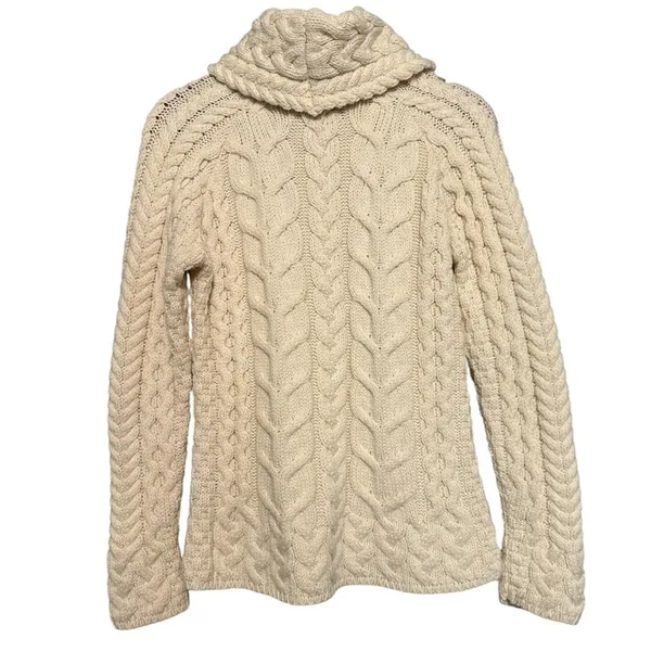 Aran Sweater Market Women’s Sz S Cream Merino Wool Cowl Neck Cable Knit Sweater - Image 3