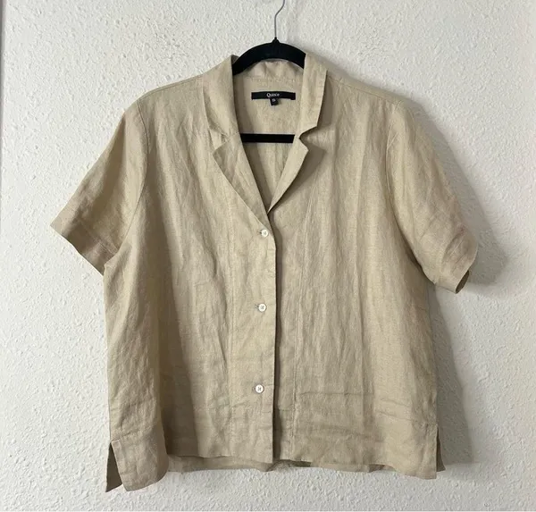 Quince 100% Linen Button Down Top in Tan Size Small - Image 3