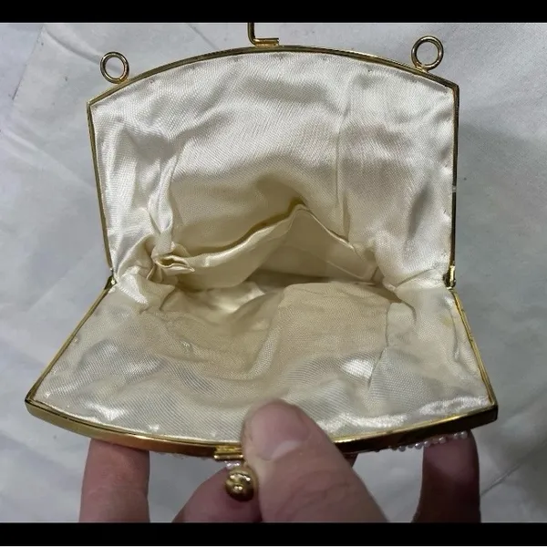 Vintage White Beaded Evening Bag Floral Beadwork Gold Metal Frame Satin Lining - Image 6