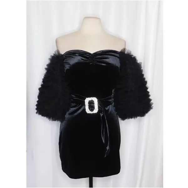 NWT!! ZARA Black Velvet Dress Ruffled Tulle Sleeves Rhinestone Party Cocktail - Image 3