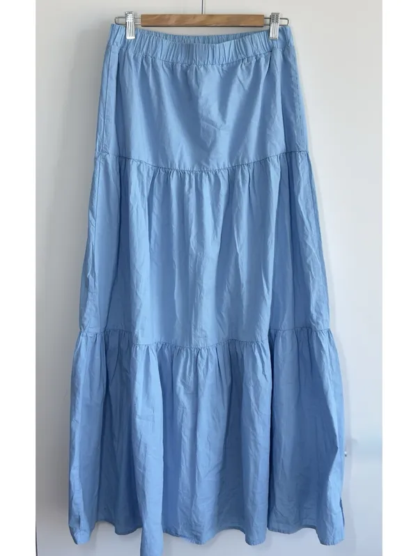 Hunter & Brown Blue Tiered Maxi Skirt Cotton Lined Elastic Waist Size Large - Image 8