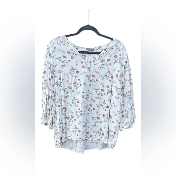 Falls Creek Women's XL‎ Floral Print V-Neck High Low Top 3/4 Sleeve CottageCore - Image 3