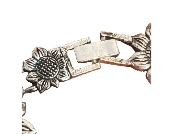 Silver Tone Sunflower Flower Link Bracelet Fold Over Clasp Textured Estate 7" - Image 3