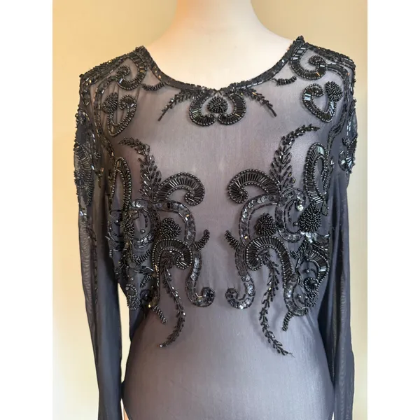 Tapesh Black Sheer Mesh Beaded Sequin Long Sleeve Bodysuit Large Vintage whimsig - Image 2