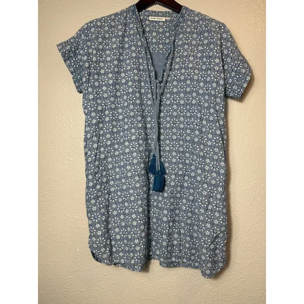Roller Rabbit Wythe Cover-Up Tunic Dress Blue Floral Tassel XXS Cotton - Image 2