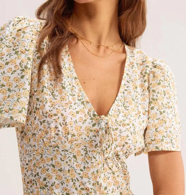 Rihoas Yellow Floral V-Neck Mini Dress - Image 2