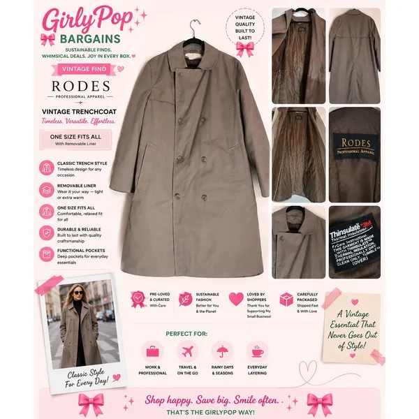 Vintage Rodes Professional Apparel Trench Coat Tan Double Breasted Thinsulate OS - Image 2
