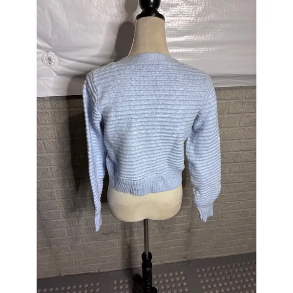 Happily Grey Light Blue Cropped Ribbed Knit V-Neck Cardigan Sweater Womens Small - Image 3