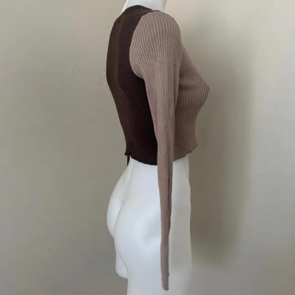 Garage Women’s Button Down Knit Crop Top in Beige & Brown, Small - Image 5