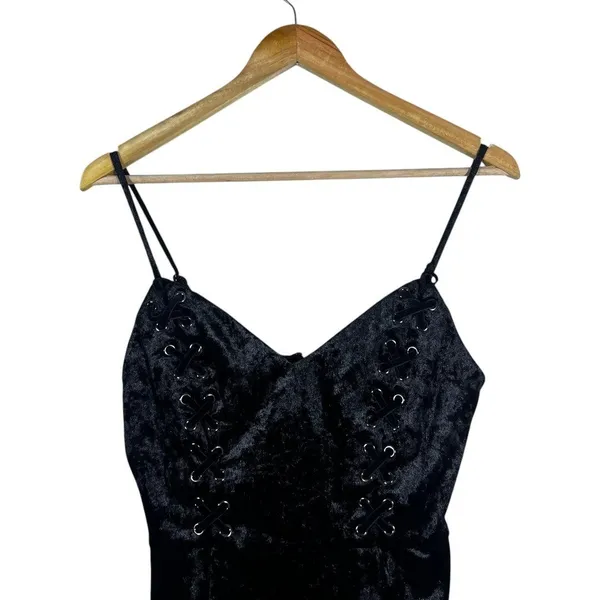 GUESS Lace Up Crushed Velvet Bodycon Mini Dress Black Gothic Grunge Size XS - Image 3