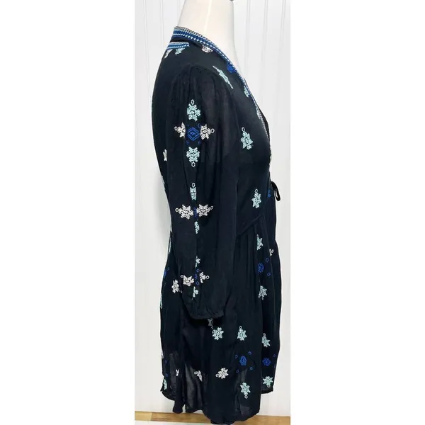 Free People Stargazer Mini Dress Embroidered V-Neck Tie Waist Black Blue Small - Image 5