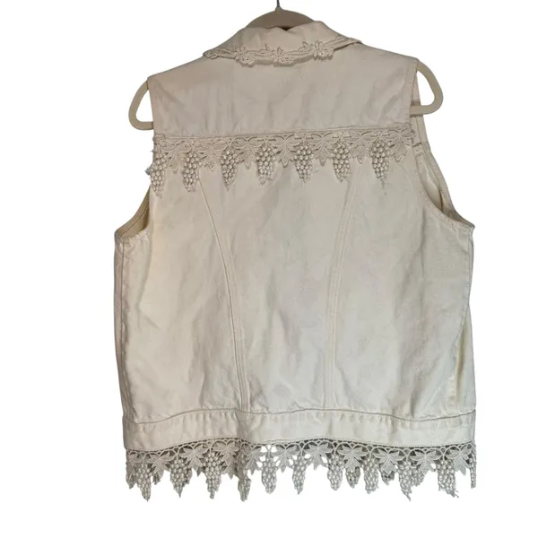 Glitter‎ & Gold Houston Cream Denim Vest Crochet Lace Grape Trim Womens Medium - Image 7