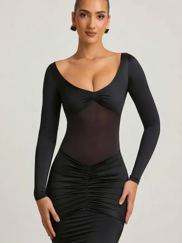 Oh Polly Alila Bow-Detail Ruched Maxi Dress in Black - Image 4