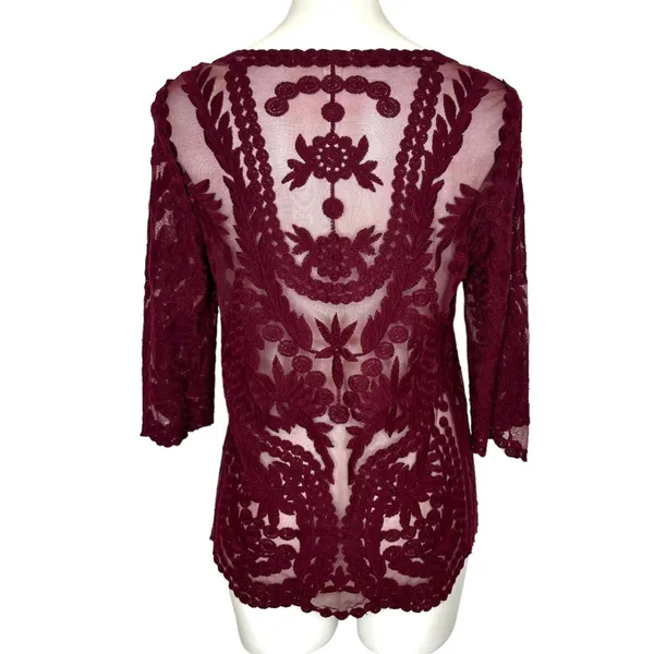 REISS Alden Lace 3/4 Sleeve Claret Burgundy Semi Sheer Blouse‎ Top Large - Image 4