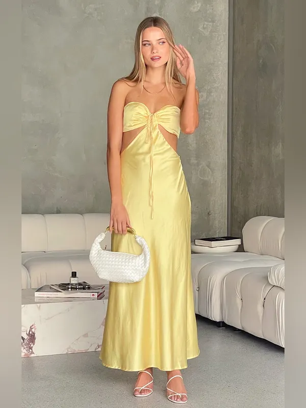 NWT Beginning Boutique Lili Yellow Satin Strapless Maxi Dress Womens Size 4‎ - Image 5