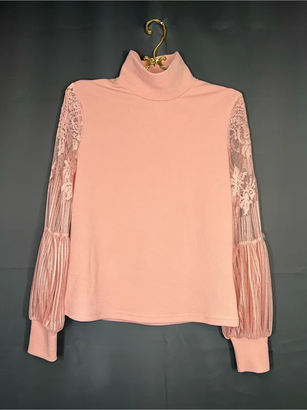 SHEIN Dusty Rose Lace Balloon Sleeve Turtleneck Blouse Size S - Image 4
