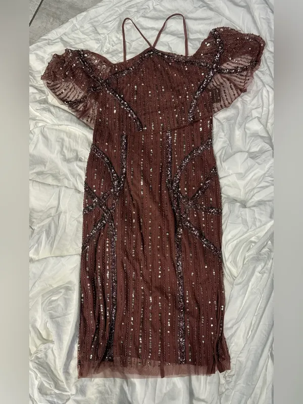 NWT Adrianna Papell Beaded Off Shoulder Midi Dress – Plum – 6 - Image 6