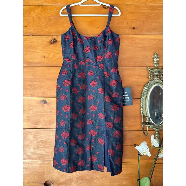 NWT Lulus Immaculate Chicness Navy Floral Brocade Midi Dress Cruise Resort Sz L - Image 2