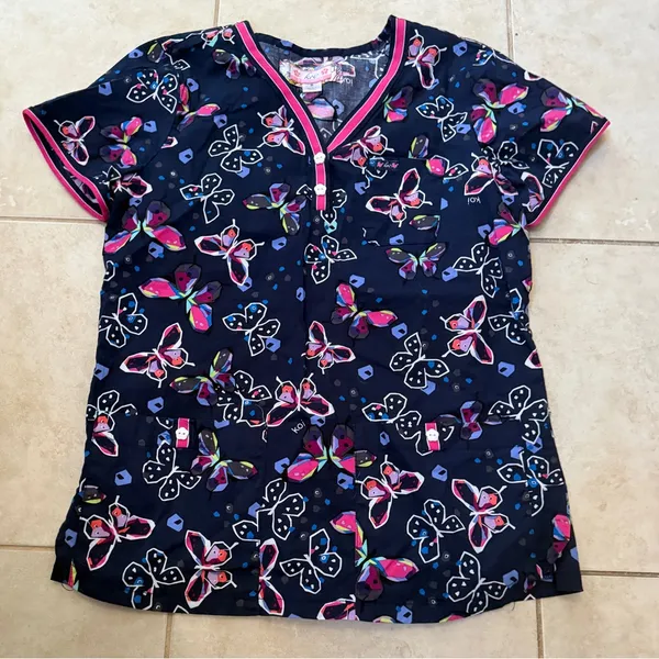Koi Lite Iridescent Light Bright Butterfly Print Scrub Top - Image 2