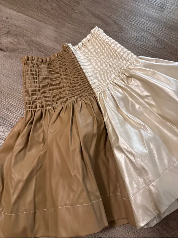 Queen of Sparkles Swing Shorts Tan White Faux Leather XS Smocked - Image 4