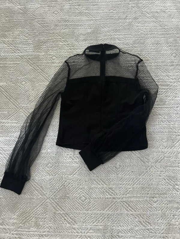 Shein Women’s Sheer Sleeve Black Blouse Long Sleeved W/Collar Size Medium - Image 2