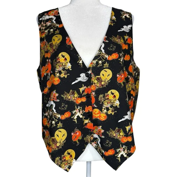 Vintage 90s Basic Editions Halloween Sleeveless Vest XL Pumpkin Witch Frogs Bats - Image 2