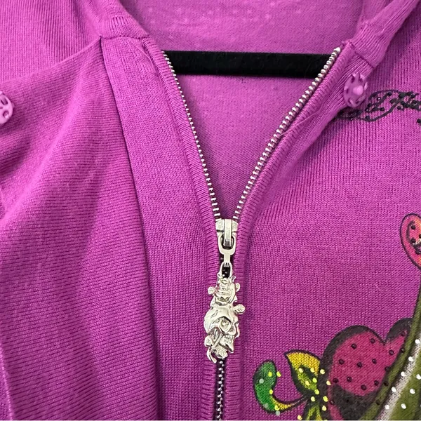 Ed Hardy Y2K Eternal Love Dagger Geisha Zip Front Hooded Cardigan Sweater XS - Image 4