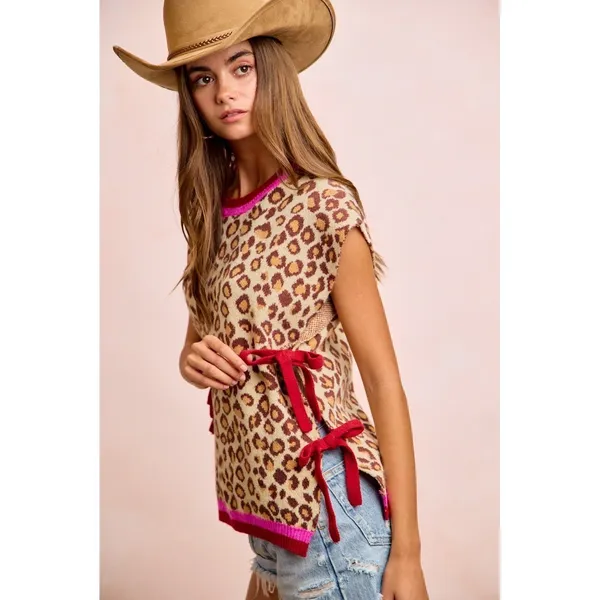 BiBi Leopard Pattern Side Tied Sweater Vest Top - Image 6