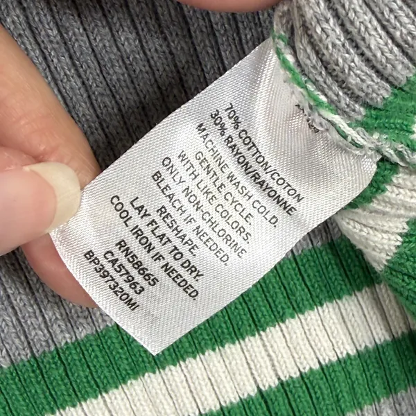 BP Gray Green Striped Ribbed Knit Sweater Womens Small‎ Crew Neck Lettuce Hem - Image 5