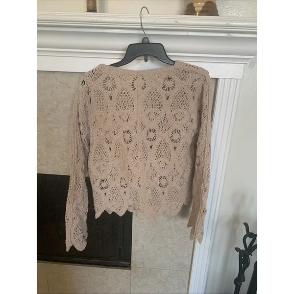 POL One Size Crochet Knit Cardigan Beige Button Front Boho Long Sleeve Cotton - Image 4