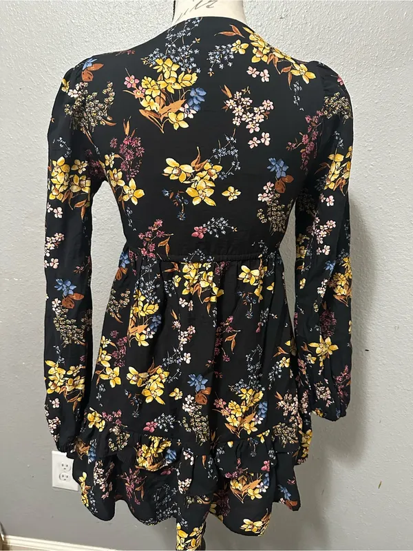 Abercrombie & Fitch black floral mini dress with yellow, blue, and pink flowers - Image 3