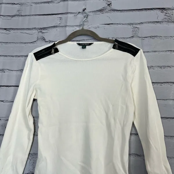 Vintage Lauren Ralph Lauren Zip Shoulder Ribbed Top White Y2K Preppy Streetwear - Image 6
