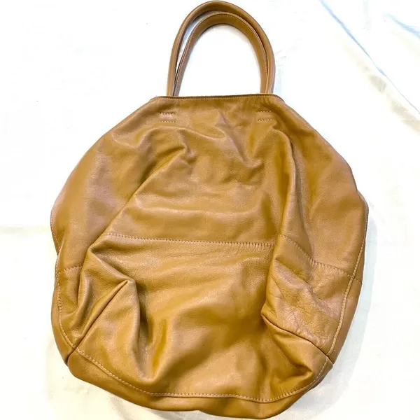 NewbarK Tan Leather Slouchy Oversized Tote Top Handle Bag Boho Luxe 90s Minimal - Image 3