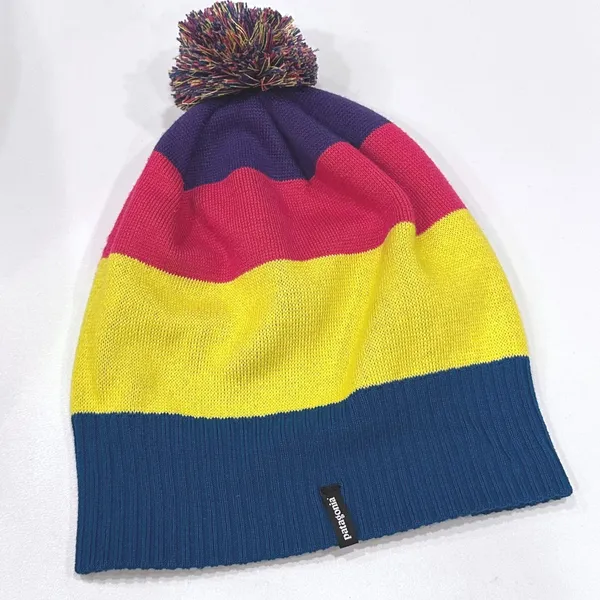 Patagonia Ski‎ Beanie Hat Pom Pom Striped Yellow Blue Pink Unisex - Image 2