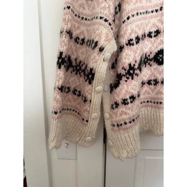 Zara Oversized Fair Isle Knit Sweater Pink Cream Side Button M-L NWT - Image 8